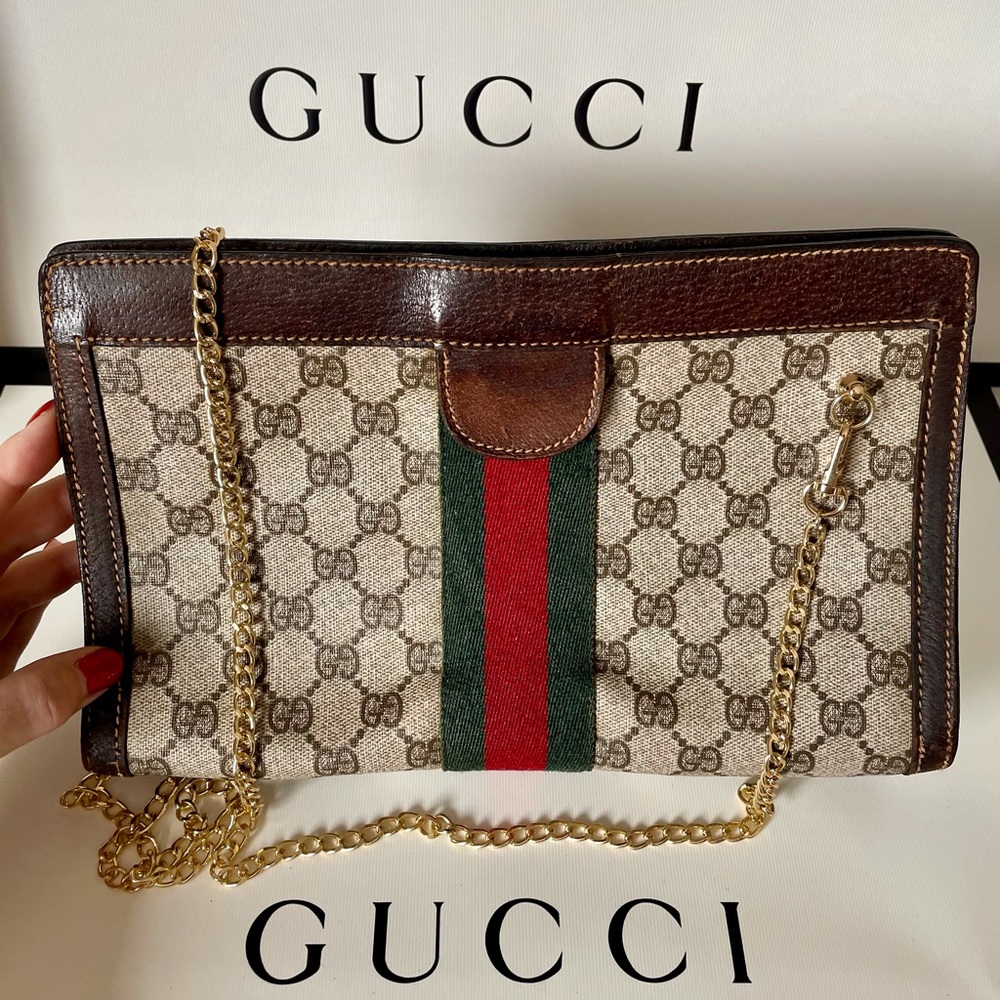 GUCCI Vintage GG Monogram Web Clutch With Chain